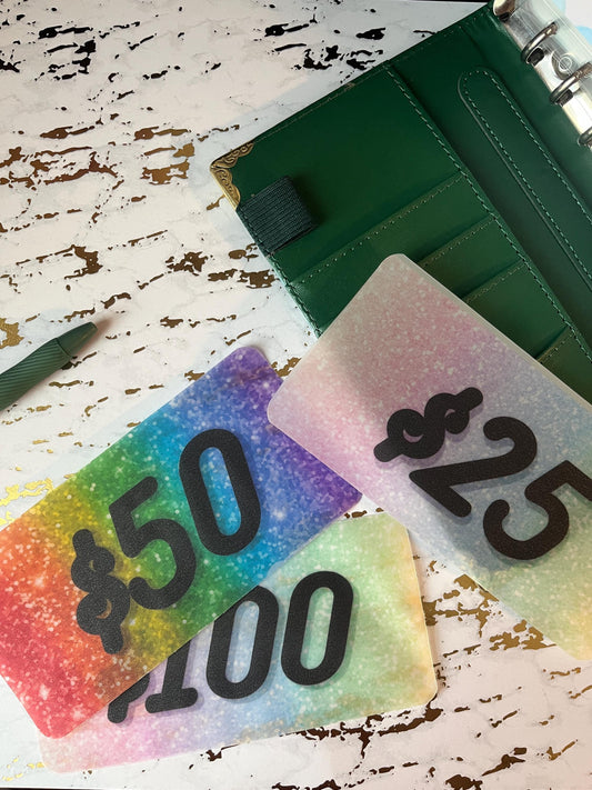 Set of 3 Glitter Rainbow Placeholders | Prop Money, Cash Stuffing, Cash Placeholder, A6 Cash Budget, Cash Envelope System