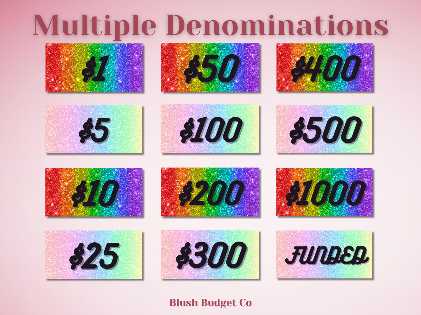 Set of 3 Glitter Rainbow Placeholders | Prop Money, Cash Stuffing, Cash Placeholder, A6 Cash Budget, Cash Envelope System