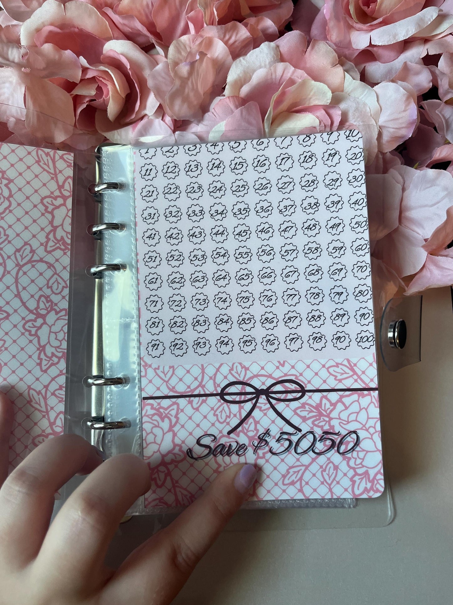 100 Envelope Binder Pink Lace Savings Challenge  | Cash Envelope Insert, Cash Binder, Cash Insert, Budget Inserts, Year long
